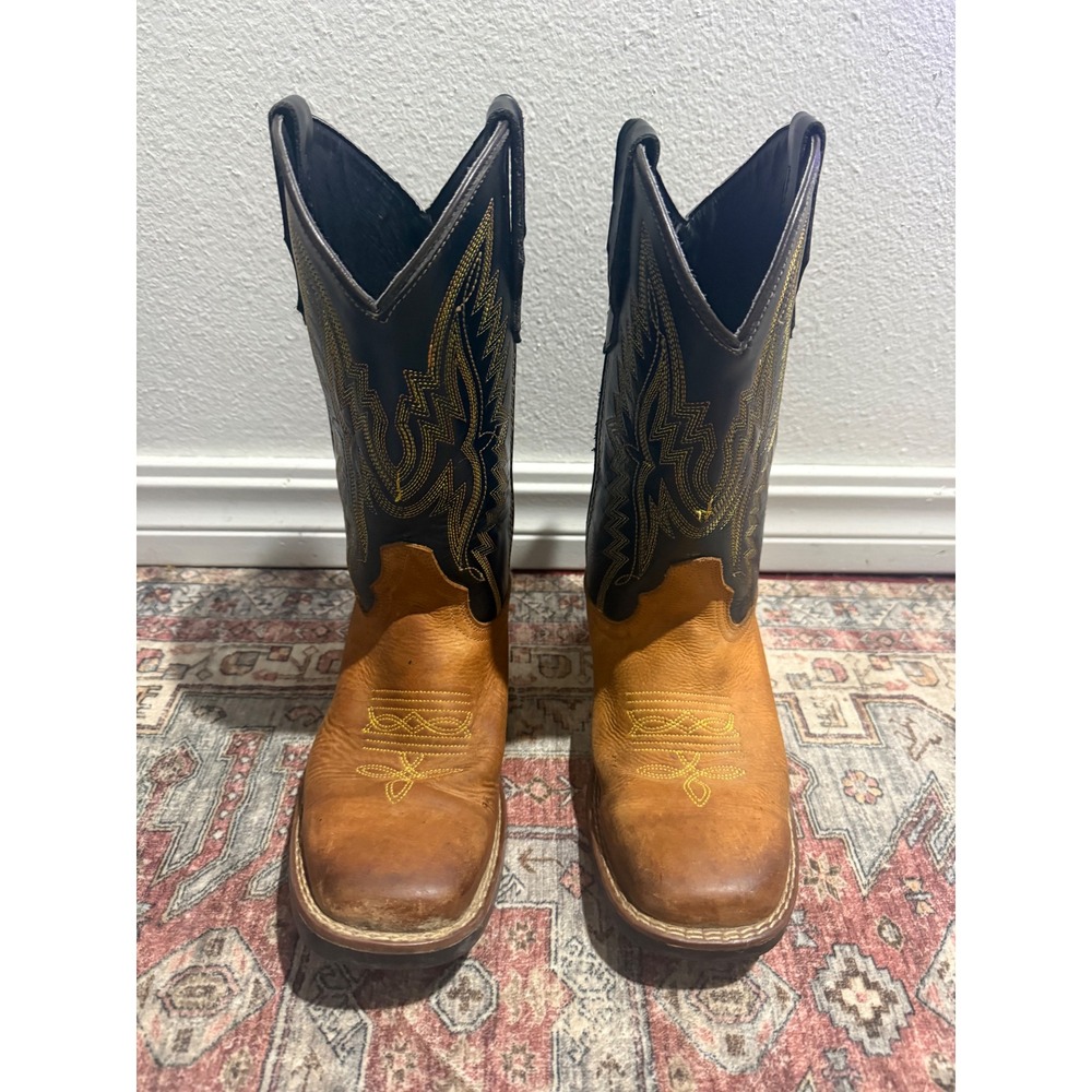 J.B. Dillon Kids Western Cowboy Boots Tan Black Leather Square Toe JBCE2000Y 6